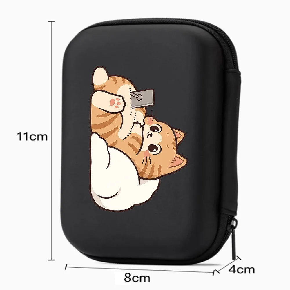 Cute Cartoon Cat Playing Phone Pattern Portable Storage Case Zipper Carrying Pouch Bag Box for Earphone Date Cable Organizer