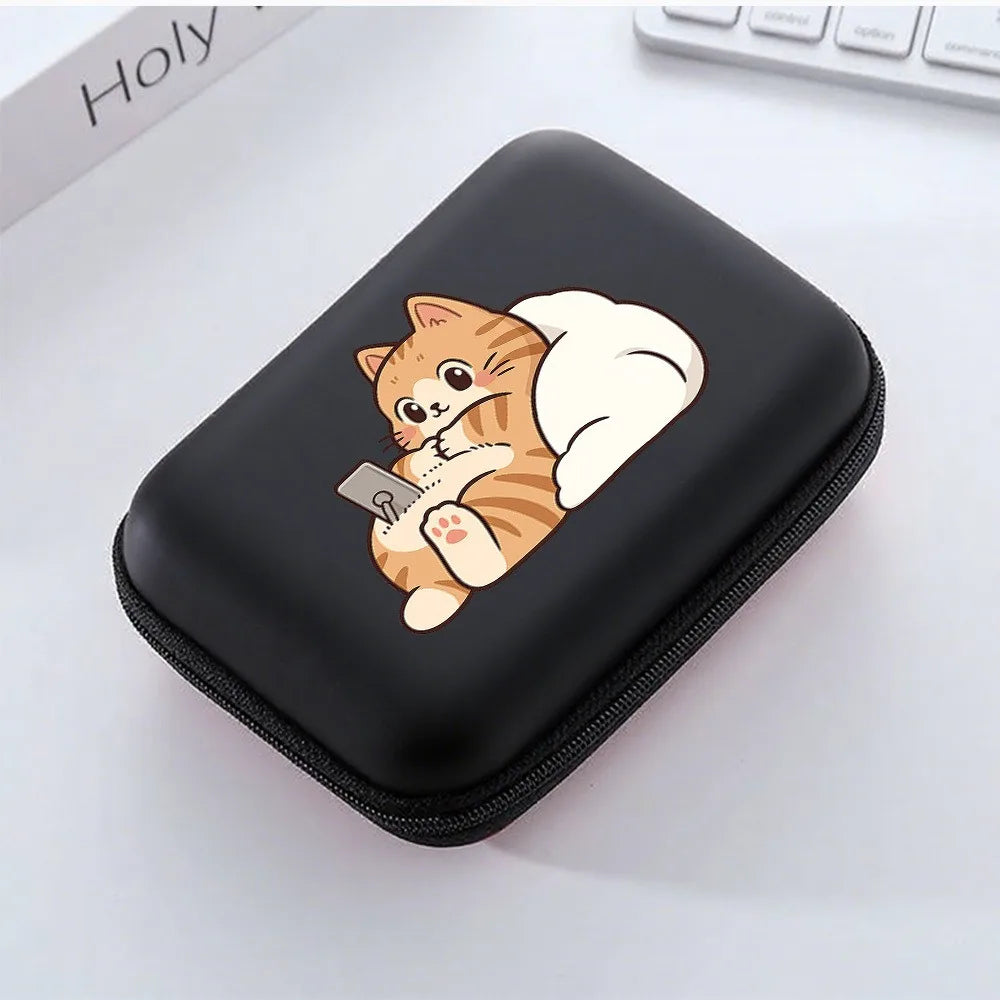 Cute Cartoon Cat Playing Phone Pattern Portable Storage Case Zipper Carrying Pouch Bag Box for Earphone Date Cable Organizer