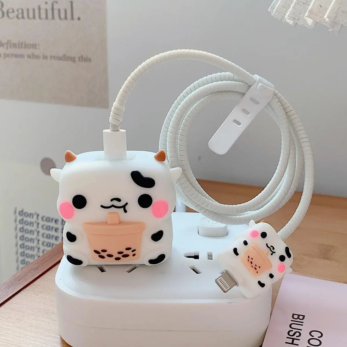 Kawaii 3D Cartoon Charger Case with Cable Protector for iPhone 20W USB-C Adapter, Cute Cow Design Protective Cover