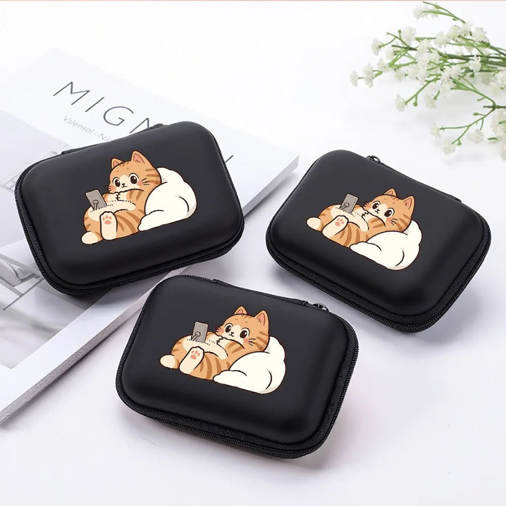 Cute Cartoon Cat Playing Phone Pattern Portable Storage Case Zipper Carrying Pouch Bag Box for Earphone Date Cable Organizer