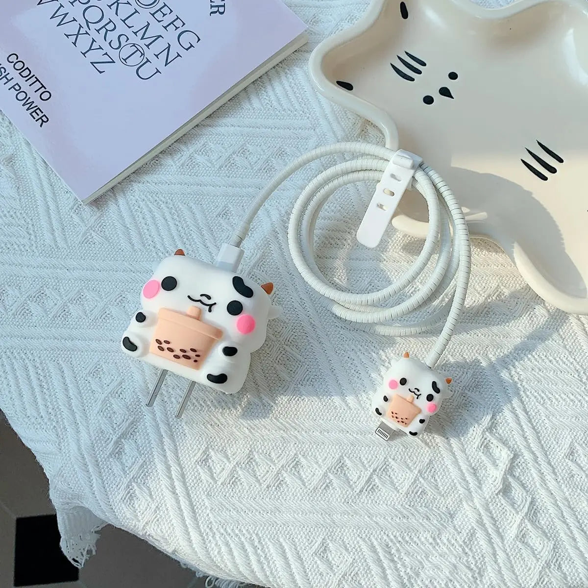 Kawaii 3D Cartoon Charger Case with Cable Protector for iPhone 20W USB-C Adapter, Cute Cow Design Protective Cover
